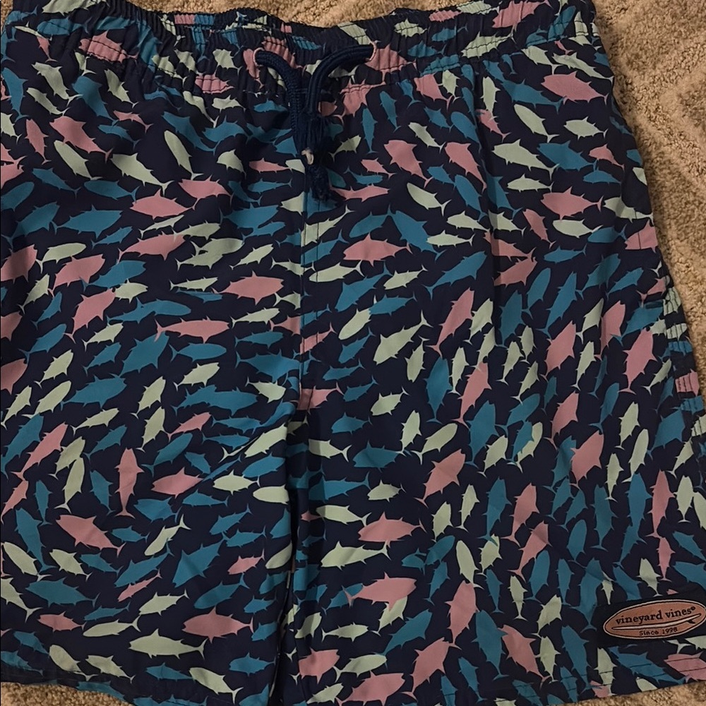 Shark Print Swim Trunks in Navy, Pink & Teal